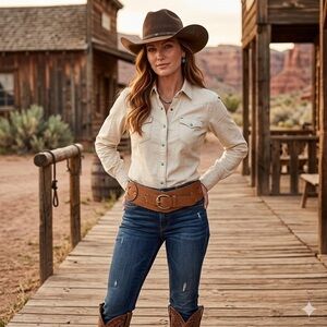 Jessica Simpson Leather Wide Woven Western Belt Hipster Gold Buckle 32-34”